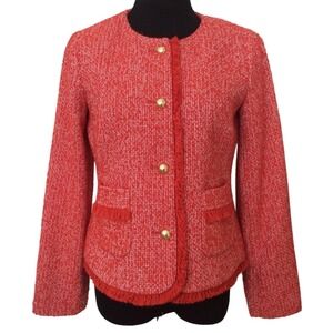 Talbots Blazer Tweed Women Size 16 Red Gold Buttons Fringe Old Money  Holiday